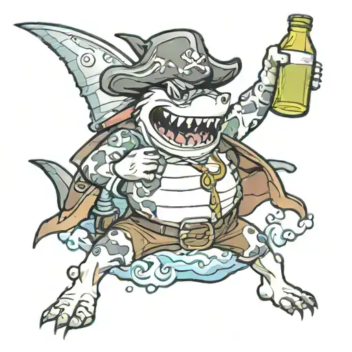 Happy Pirate Shark With Legs And Arms Having A Drink Bottle
