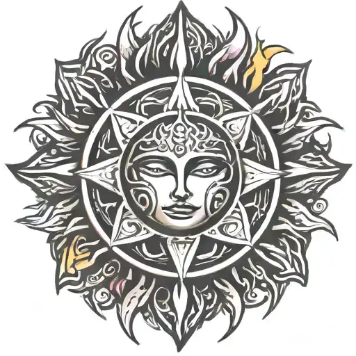 Tribal Divine Sun Whit Fiery Aura Colored A Lot