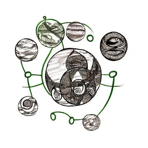 A Sketch Style Tattoo Of A Celtic Knot With Planets Orbiting Around It