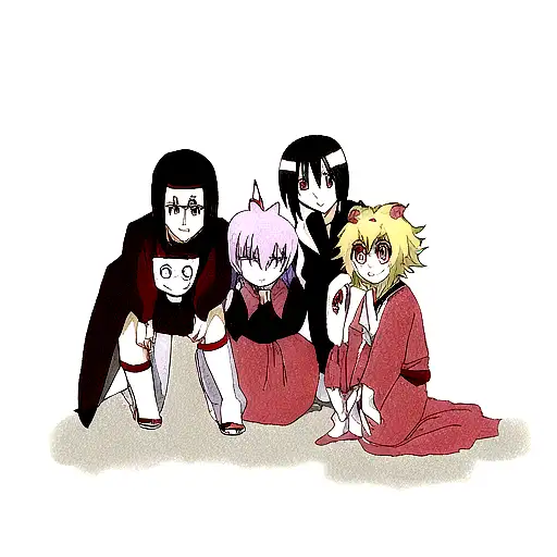 Itachi Uchiha And Nefepitou Crouching And Ryuuk Behind Them