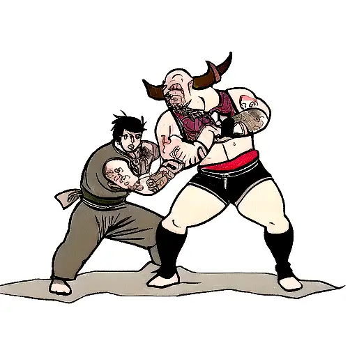 A Traditional Style Tattoo Of A Bull And Bear Fighting Over Money