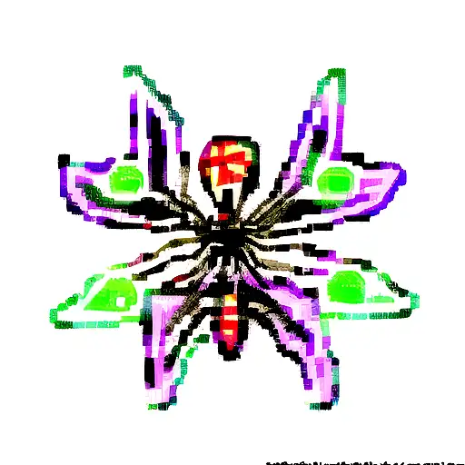 A Pixelated Pizza Slice With A Glowing Neon Spider Symbol On It