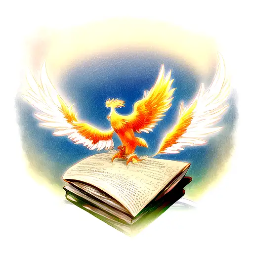 A Majestic Phoenix Rising From A Stack Of Magical Books