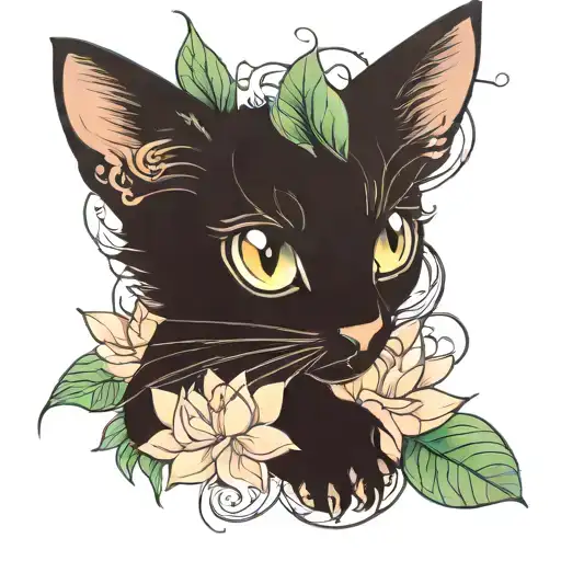 Black Cat With Lotus Flower
