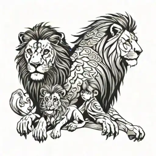 A Lion And A Father With His 3 Children