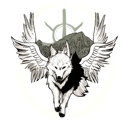 Tattoo Of A Wolf With Wings Flying Towards The Sun
