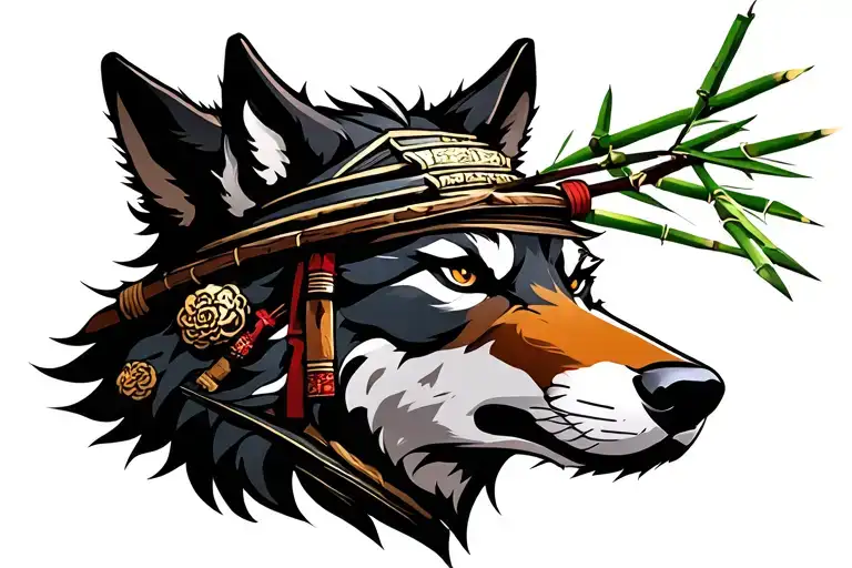 Wolf Head With Samurai Bamboo Hats