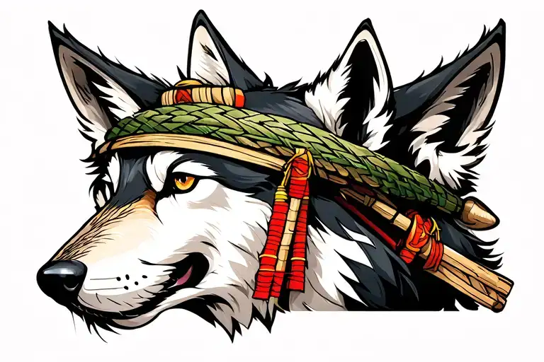 Wolf Head With Weaved Bamboo Samurai Hats