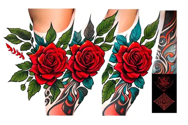 Tribal Leg Design Combined With Red Rose