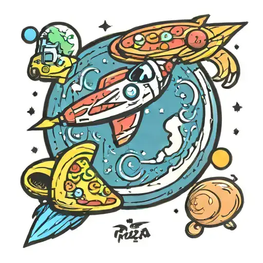 Cartoon Pizza Planet Rocket Circling The Moon