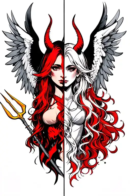 Half Angel Half Devil With Devil And Angel Wings And Trident