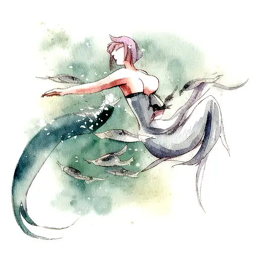 A Graceful Mermaid Swimming With A School Of Catfish In A Japanese-inspired Watercolor Style