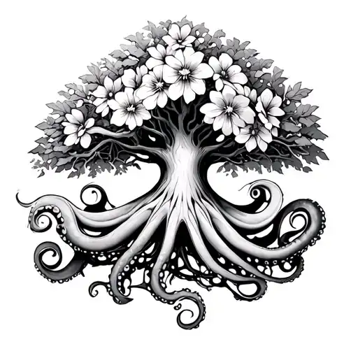 Octopus Body With A Tree As The Head And Flowers On The Oak Tree Black And White