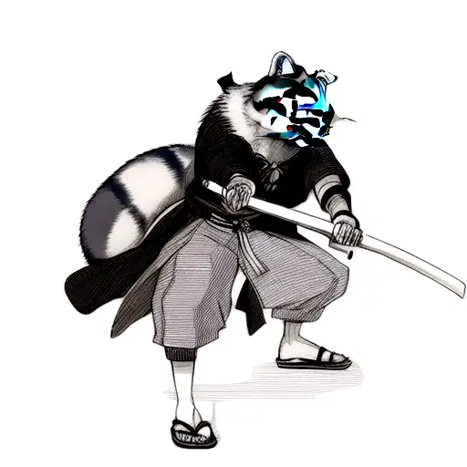 Raccoon Disguised As A Samurai Holding Two Katanas With A Scar In One Eye