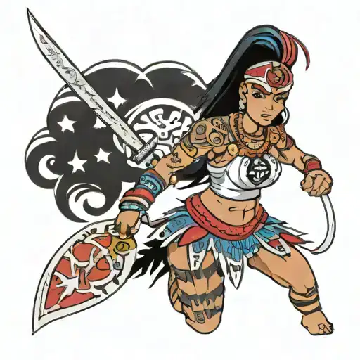 Animated Woman Warrior With Taino Symbols And Dominican Flag In The Background