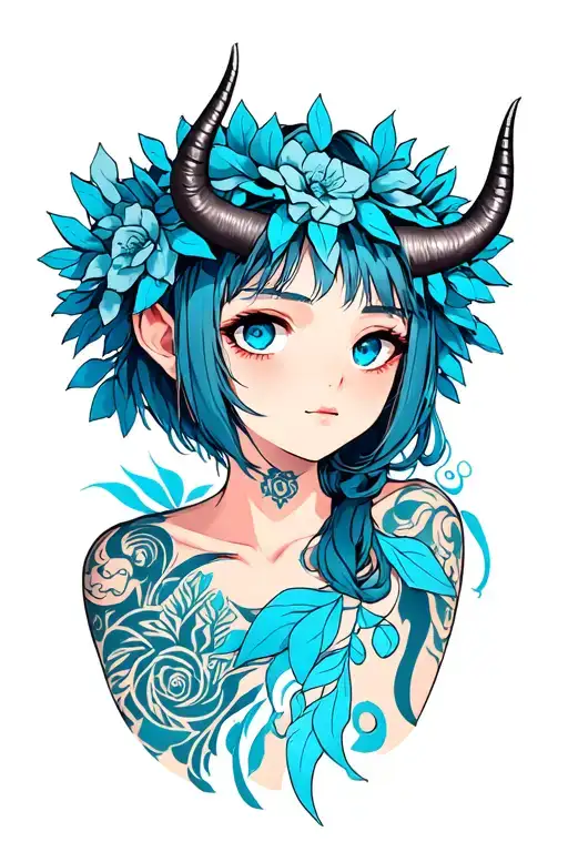 Girl Of Ammerecan Appearance With A Blue Wreath On Her Head And Small Horns Of The Demon