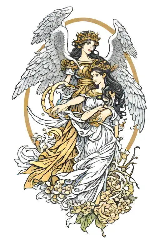 Goddess Athena With Angel Gabriel And Water Nymph Holding Hands
