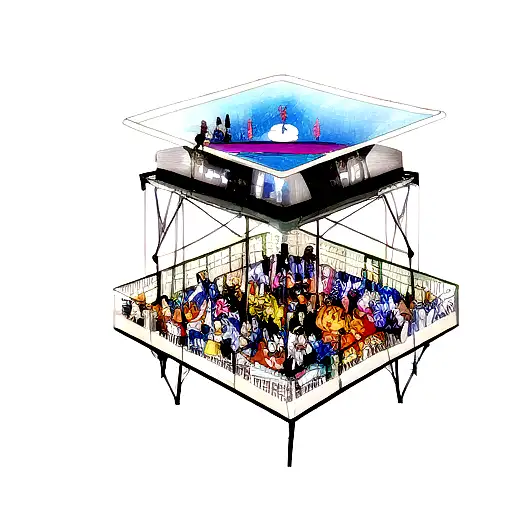 A Group Of Anime Characters Forming A Band And Performing On A Floating Stage