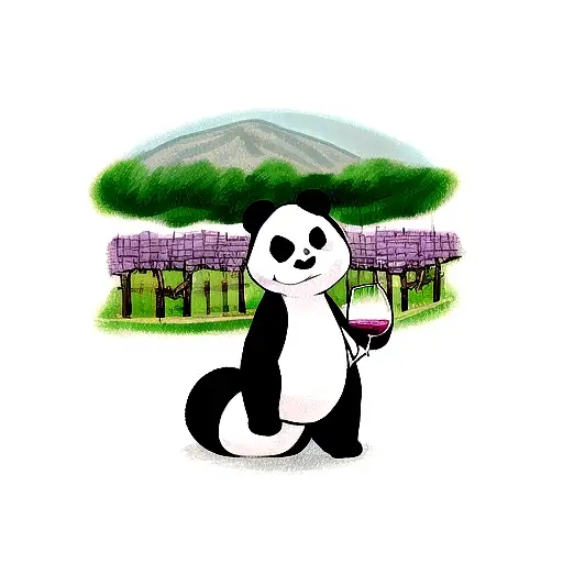 Panda Holding A Wine Glass With A Vineyard In The Background