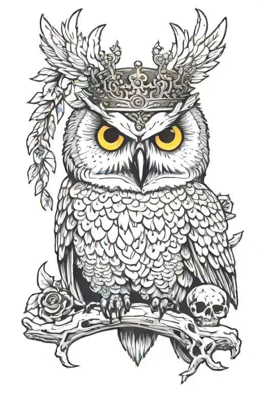 A Giant Snowy Owl Wearing A Crown Perched On A Skull