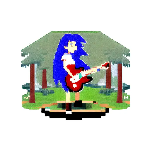 A Pixelated Video Game Character Playing A Guitar In A Forest