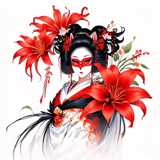 Geisha With Red Spider Lilies With A Mask Kitsune