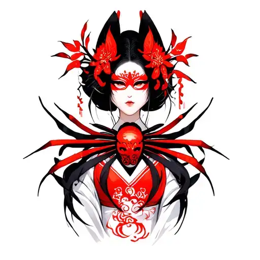 Geisha With Red Spider Lys With A Mask Kitsune On The Top Of The Head