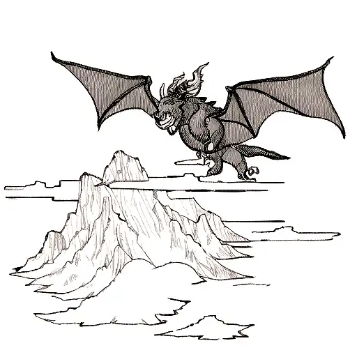 A Dragon Soaring Over A Mountain Peak In A Blackwork Style