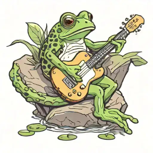 Frog Playing Guitar On A Rock In A Pond