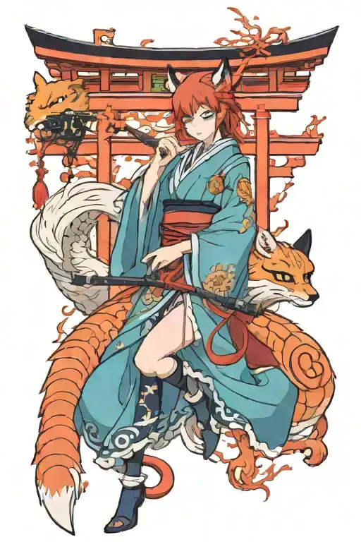 9 Tailed Fox Over A Torii And A Sensual Kitsune Girl Full Body With A Katana