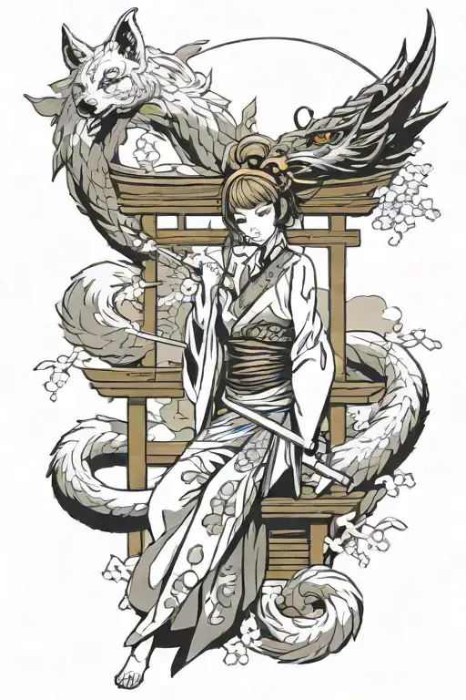 9 Tailed Fox Over A Torii And A Sensual Kitsune Girl Full Body With A Katana