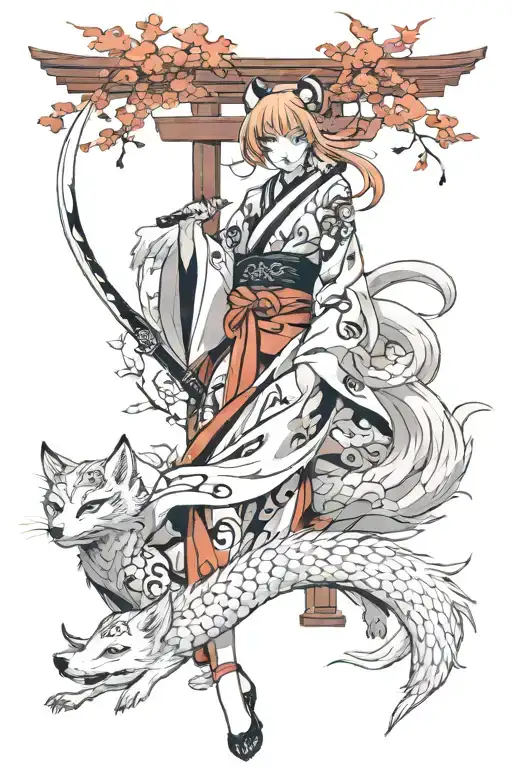 9 Tailed Fox Over A Torii And A Sexy Kitsune Girl Full Body With A Katana