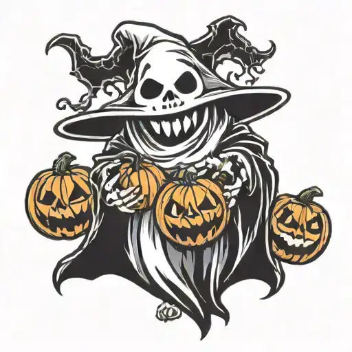 Cute Cartoon Ghost Holding Halloween Carved Pumpkin With Both Hands