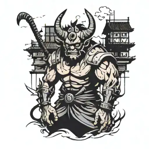 A Minimalist Tattoo Of A Japanese Oni Demon Blending In With The Shadows Of A City Street At Night
