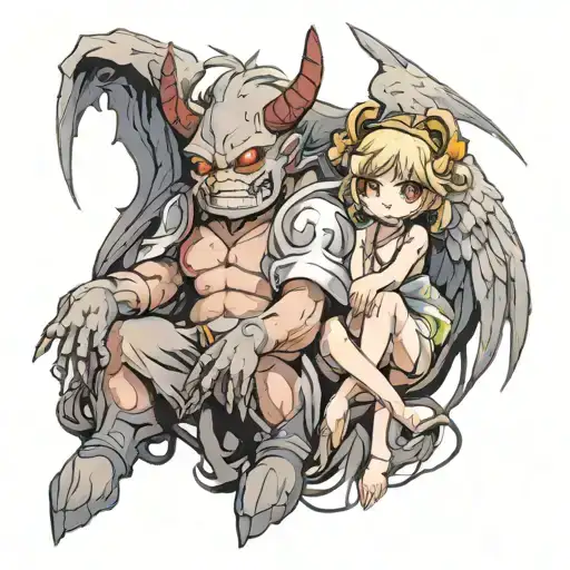 Gloomy Gray Guy Demon And Little Cheerful Girl Angel