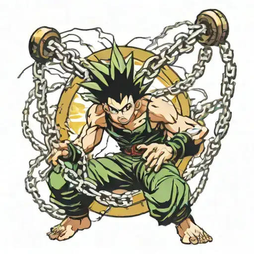 Gon's Black Rage Form Being Chained Down By Kurapika's Judgement Chain