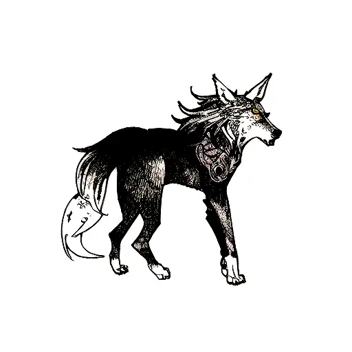 A Tattoo Design Of A Lone Wolf Howling At The Moon With Musical Notes Incorporated In The Background
