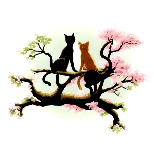 Drawing Of A Tree Branch With Two Cats On Top