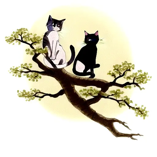 Drawing Of A Tree Branch With Two Cats On Top