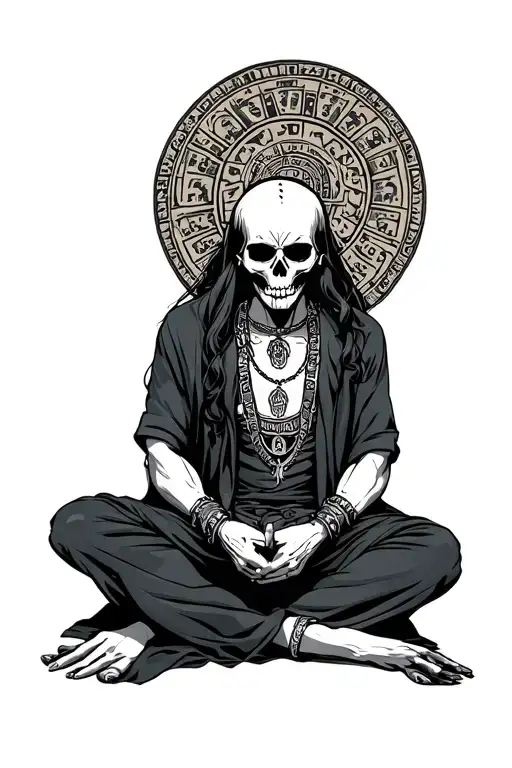 God Of Death Sitting With Two Cholo Escuincles And Aztec Calendar Background