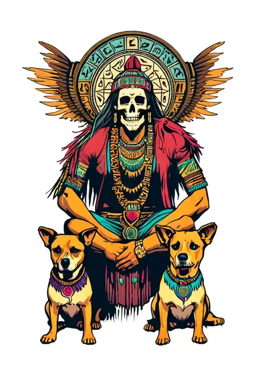 God Of Death Sitting With Two Dogs Cholo Escuincles And Aztec Calendar Background
