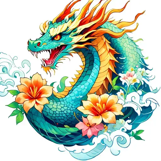 Waves And Dragon With Flowers