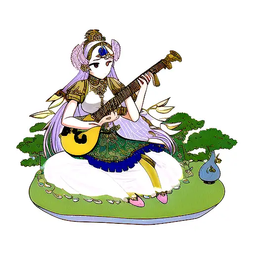 Saraswati Goddess Playing Sitar In Forest