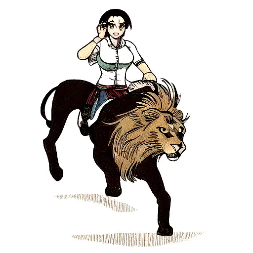 A Traditional-style Tattoo Of A Woman Gracefully Riding A Lion