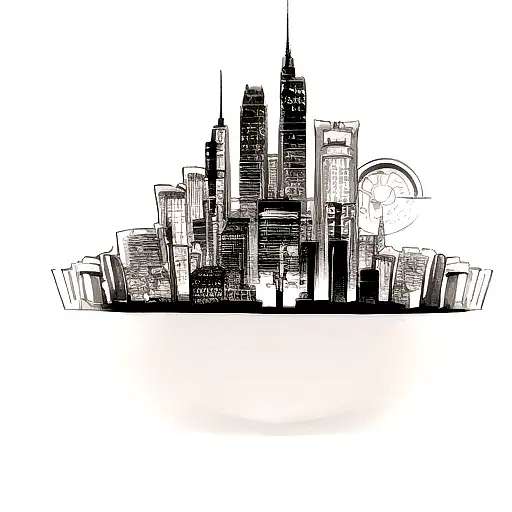 Illustrate A New-school Tattoo Showcasing A Futuristic Cityscape Inspired By Shinedown's Music