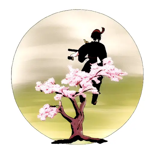 Samurai Next To Peach Tree