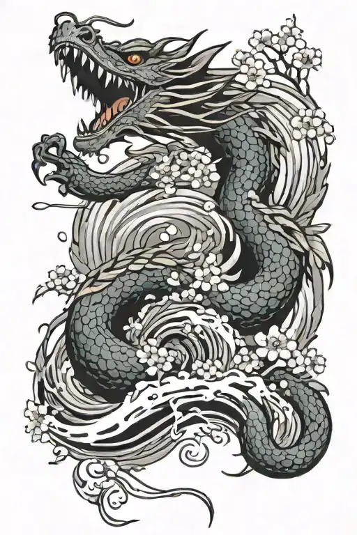 Dragon With Cherry Blossoms And Japanese Waves