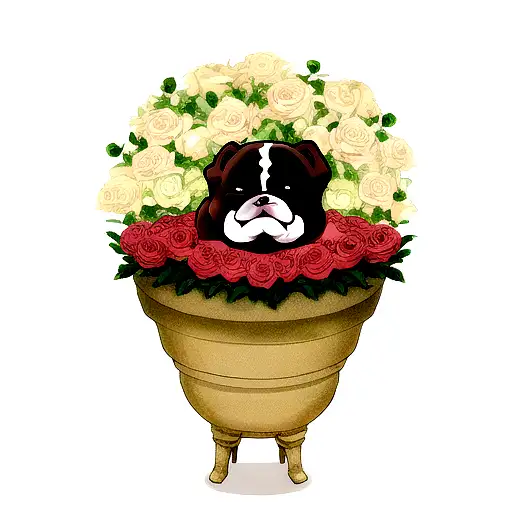 French Bull Dog With Roses At The Back
