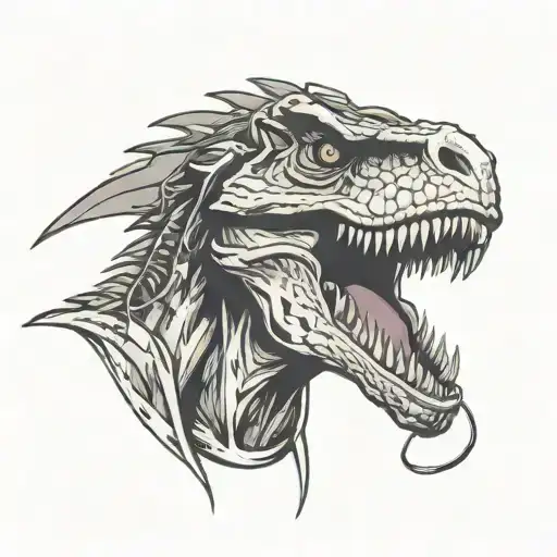 Angry Raptor Dinosaur Head Mouth Wide Open Showing Teeth Wearing Dj Headphones