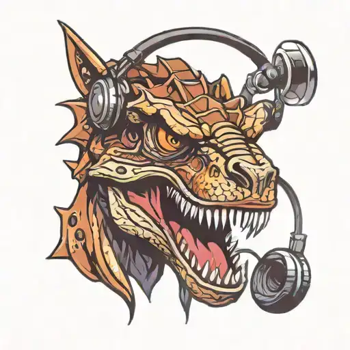 Angry Raptor Dinosaur Head With Big Mouth Open Showing Teeth Wearing Headphones Graffiti Style
